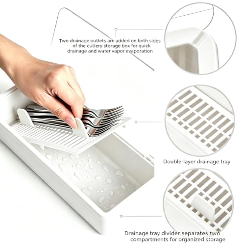 White Flatware Tray with Clear Lid and Drainer - Kitchen Organizer