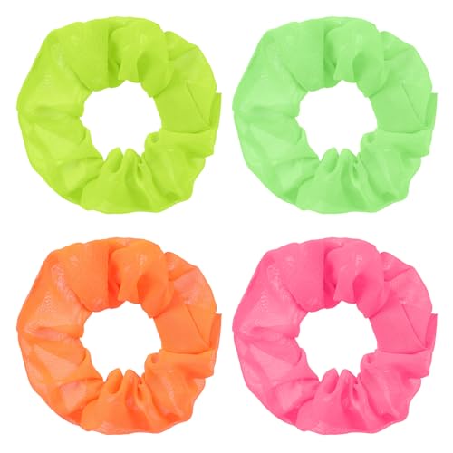 Ymapinc 4pcs Neon Chiffon Hair Scrunchies - 80s Vibrant Elastic Ponytail Holders