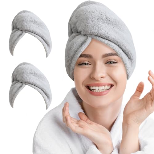 AGLIFEFY Microfiber Hair Towel Wrap - 2 Pack Light Grey Quick Dry Turban