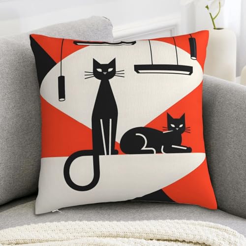 Mid-Century Modern Black Cat Throw Pillow Cover 18"x18"