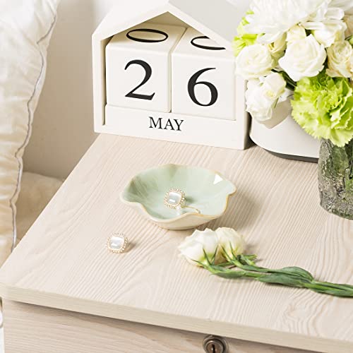 Mecaikru 4-Inch Ceramic Ring Dish - White Green Kiln Glazed Trinket Tray