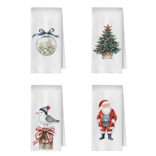 Coastal Christmas Kitchen Towels Set of 4 16x24 Inches - Waffle Weave Polyester