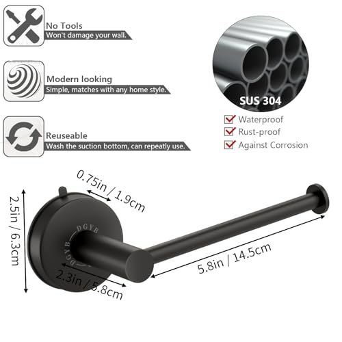 DGYB Black Suction Cup Toilet Paper Holder - No Drill, Rustproof Stainless Steel, 5.8 Inch