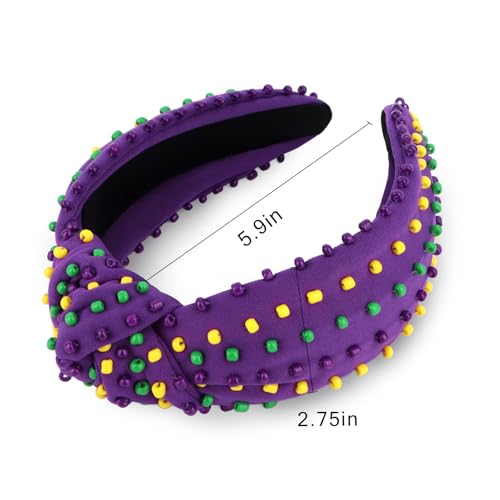 Mardi Gras Beaded Knotted Wide Headband - Purple Green Yellow Festival Hair Accessory
