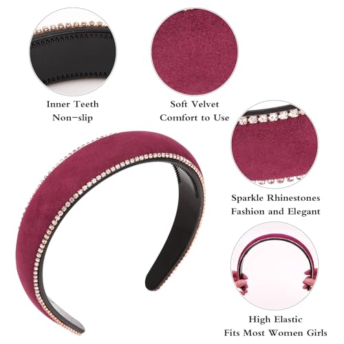 Red Velvet Rhinestone Padded Headband Crystal Hair Accessory for Women