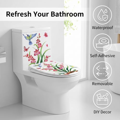 Galepromot Waterproof Toilet Seat Lid Stickers - Bird & Flower Wall Decals for Bathroom
