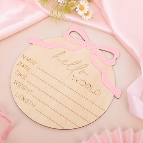 Hello World Wooden Baby Announcement Sign with Bow - Newborn Photo Prop