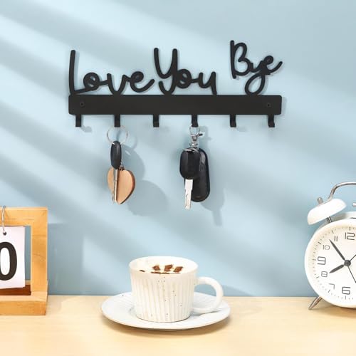 Love You Bye Key Holder Wall Mount - 10 x 4 Inch Black Metal Hook Rack