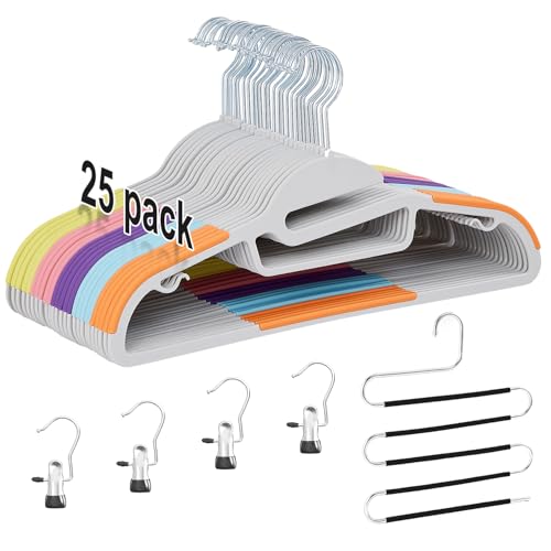 VECELO 25 Pack Coat Hangers, Premium Quality Plastic Suit Clothes Hanger, Non-Slip, Heavy-Duty, S-Shaped Opening, 360¨¬ Swivel Hook, Space-Saving for Bedroom Closet
