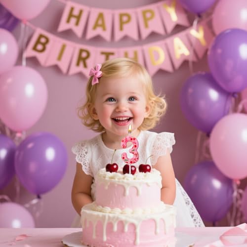 BOXOB Cherry Birthday Number 3 Candle Sweet Pink Cake Topper