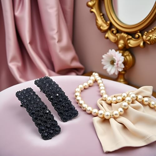 Black Rhinestone Snap Hair Clips Rectangular Hair Barrettes 2Pcs