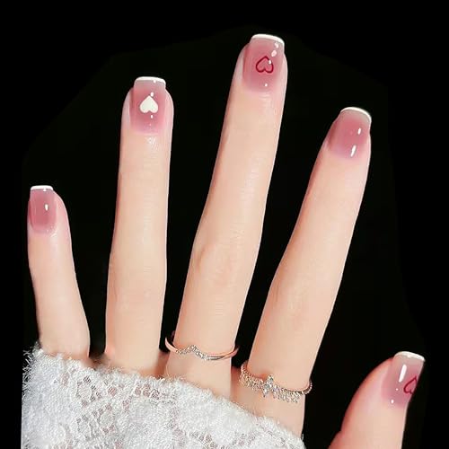 Onsdag Pink Short Coffin Press On Nails with Heart Designs - 24Pcs Glossy Acrylic False Nails Set