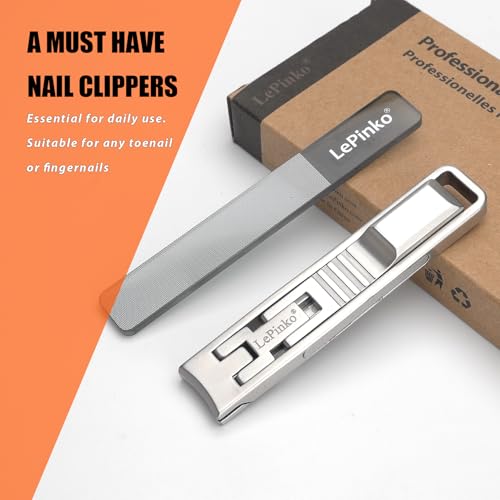 LePinko Wide Jaw Nail Clipper for Thick Toenails with Catcher & Glass Buffer