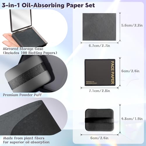 SYNTHORA Oil Blotting Papers with Mirror & Puff, 100 Sheets Linen Fiber