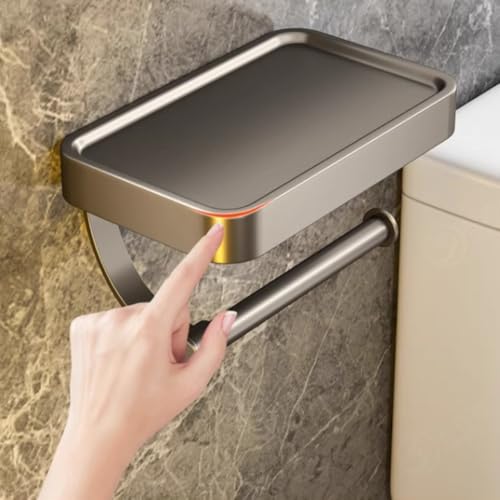 Grey Wall Mount Toilet Paper Holder with Shelf - Rustproof Stainless Steel Bathroom Dispenser