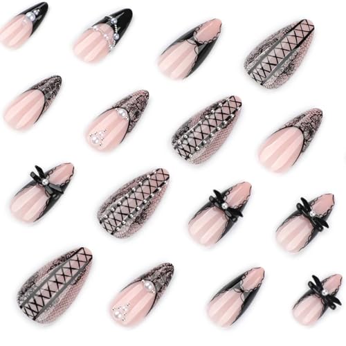 Black Lace Bow French Tip Medium Almond Press on Nails with Pearls