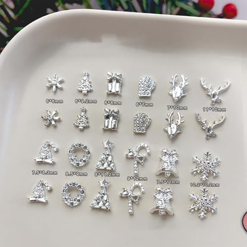 ONPRESS 48Pcs Christmas Nail Charms Silver Alloy Holiday Nail Art Rhinestones