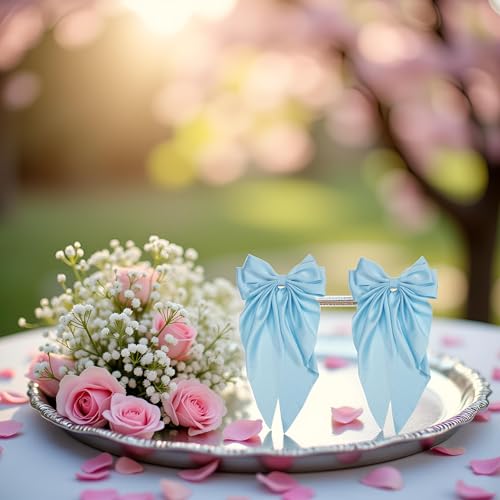 Light Blue Jumbo Silky Satin Hair Bow Barrettes with Long Tails