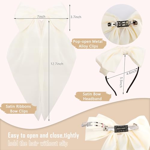 AHONEY 2 Pack White Satin Hair Bow Clips with Long Ribbons