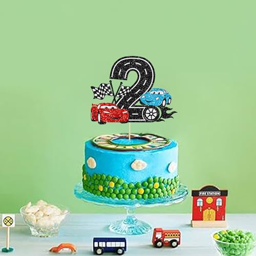 Ephlyn Race Car 2nd Birthday Cake Topper - Glitter Black Two Fast Decor