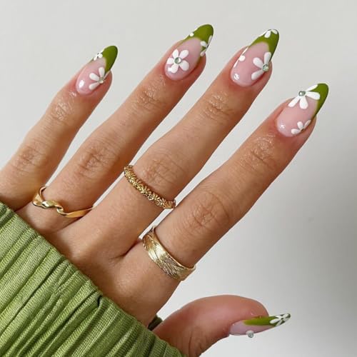 Green French Tip Press On Nails Medium Almond Fake Nails with Flower Art