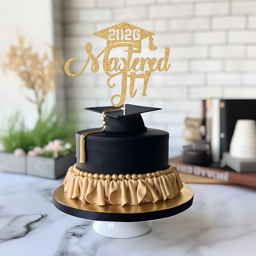 2026 Graduation Cake Topper - Happy Masters Degree Gold Glitter