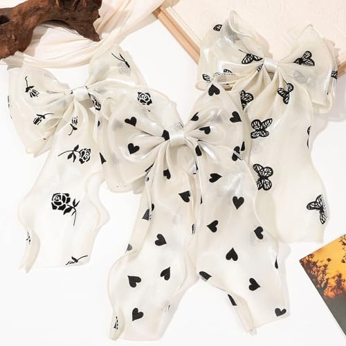 Papasgix Big Silk Hair Bow Clip with Long Ribbon - White Butterfly