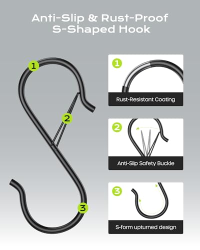 Heavy Duty Metal S Hooks with Safety Lock - 3.66 Inch, 10 Pack for Home & Garage Organization