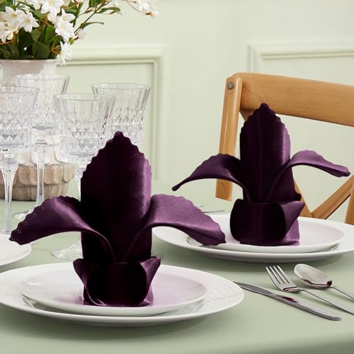 12 Pack Eggplant Purple Satin Napkins 12x12 Inch - Scalloped Edges