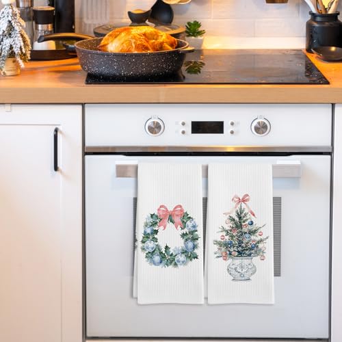 Christmas Wreath Coquette Chinoiserie Kitchen Towels Set of 2 - Pink, Blue & White, 16x24 Inches, Wreath Variation