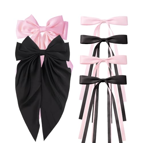 CUBACO 6PCS Silky Satin Hair Bow Clips with Alligator Clips, Black & Pink