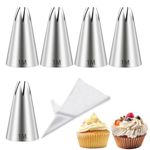 1M Piping Tips & Bags Set - 5 Stainless Steel Tips + 20 Bags