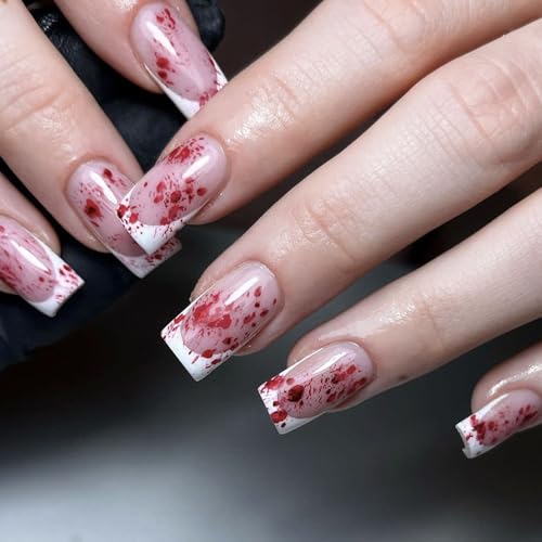 GLINLS Halloween Press on Nails Medium Square Bloody White French Tip False Nails