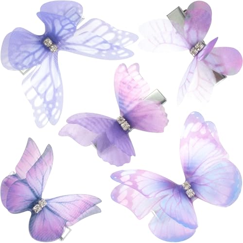 Lekgavd Gradient Purple Butterfly Hair Clips Rhinestone Organza Barrettes 5 Pack