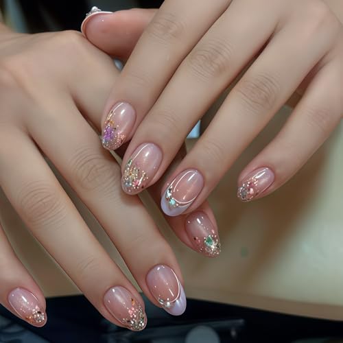Light Purple Short Oval Press on Nails French Tip with Glitter Diamonds