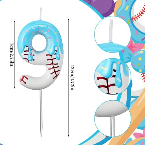 Number 9 Baseball Birthday Candle - Blue Ice Cream Drip Cake Topper