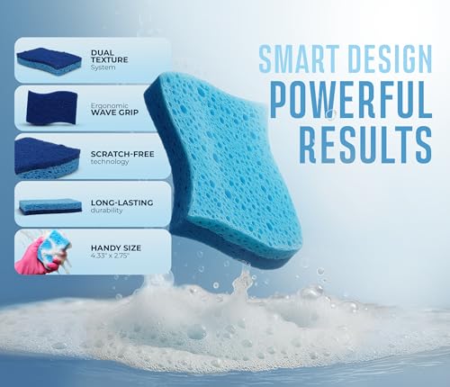 RSLIFE Dual-Sided Blue Scrub Sponges - Pack of 6 for Kitchen & Bath
