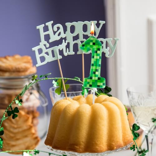 Pixel Miner Number 1 Birthday Candle - Green TNT Theme Cake Topper