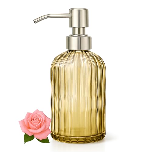 18 Oz Ribbed Glass Soap Dispenser with Rust-Proof Stainless Steel Pump - Refillable Bathroom & Kitchen Bottle, Gold
