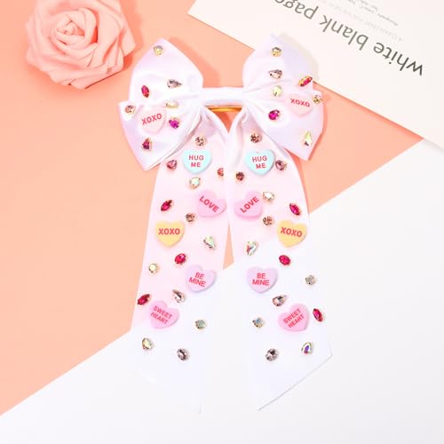 Valentine's Day Jeweled Conversation Heart Hair Bow Clip Red Pink
