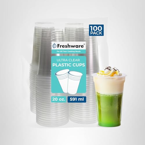 Freshware Clear Plastic Cups [100 Pack - 20 oz] Disposable Cups for Iced Coffee, Smoothie, Milkshake, Cold Drinks