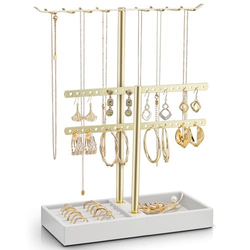 VLANDO 2-Tier Jewelry Organizer Stand - Leather & Gold Display for Necklaces, Earrings, Bracelets, and Rings