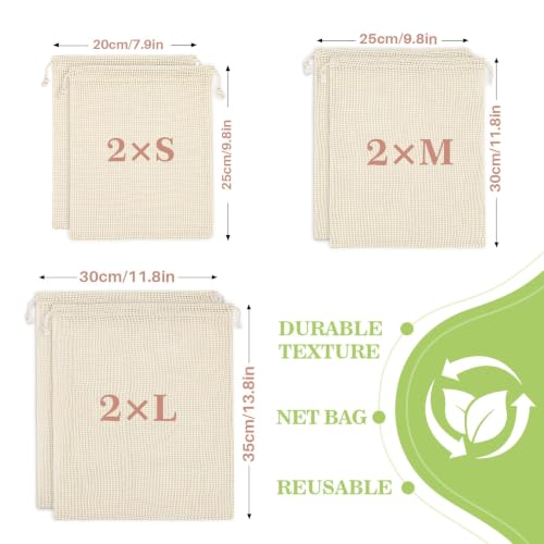 MAQIHAN Reusable Cotton Mesh Produce Bags - 6 Pack for Fruits & Veggies