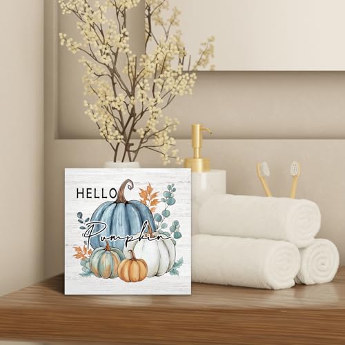 Rustic Blue Pumpkin Wooden Box Decor - 5x5 Autumn Home Accent