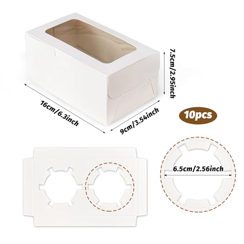 10 Pack White 2-Cavity Cupcake Boxes with Clear Window for Bakery Treats