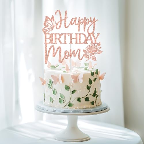 Happy Birthday Mom Cake Topper - Rose Gold Glitter Decoration