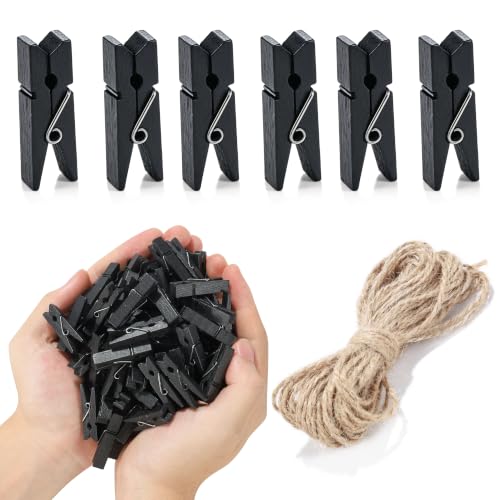 VAKTX Black Mini Clothespins with Jute Twine, 100pcs Small Wood Photo Clips