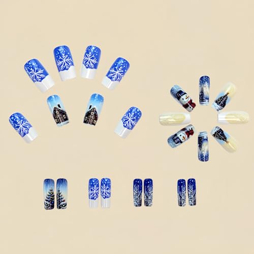 Glossy Blue Christmas Press-On Nails Medium Square Fake Nails with Snowman & Snowflake Design and 3D Rhinestones