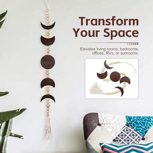 30 Inch Moon Phase Wall Decor with Wooden Beads and Tassel - Boho Moon Wall Hanging for Bedroom, Living Room, Office