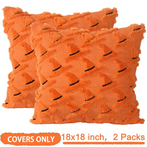 Halloween Orange Witch Hat Pillow Covers - Set of 2, 18x18"